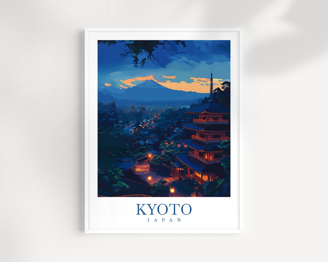 Kyoto Japan Night Pagoda Under Dusk Sky with Mount Fuji Poster