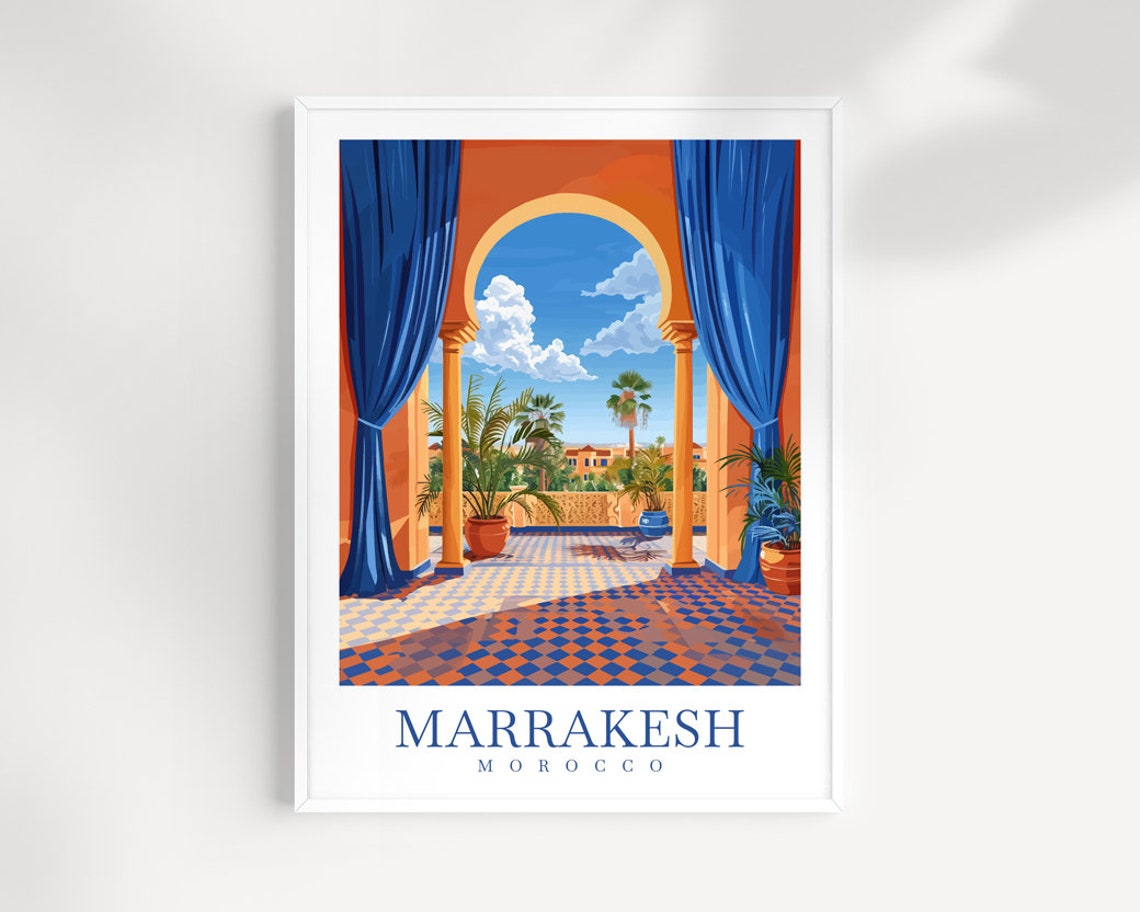 Marrakesh Morocco Courtyard Arch Tile Floor Palm Trees Poster