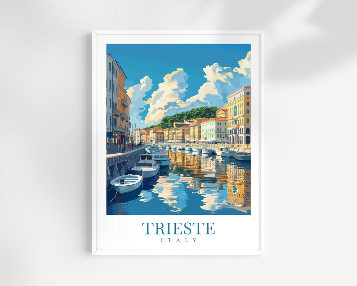 Trieste Italy Harbor Boats Waterfront Buildings Travel Poster