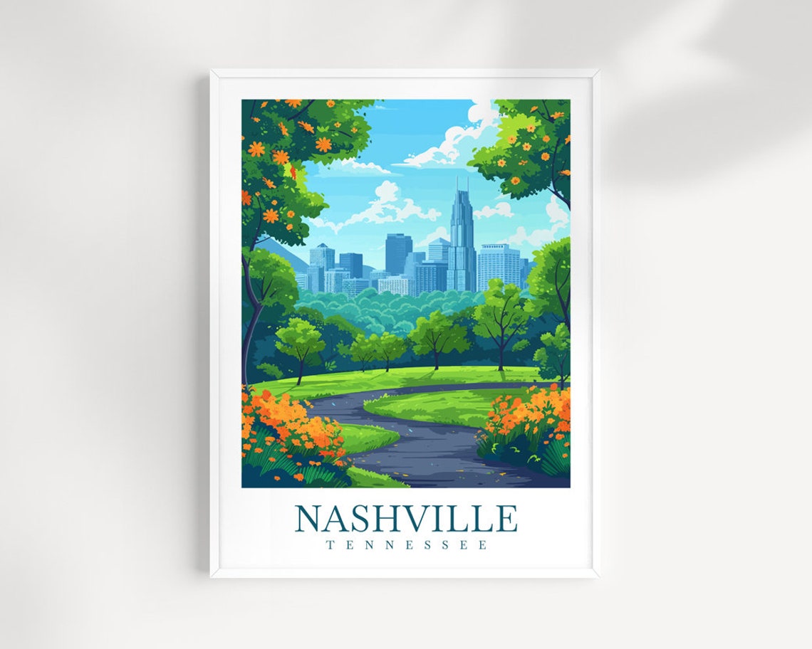 Nashville Tennessee Park Pond Flowers Skyline Spring Travel Poster