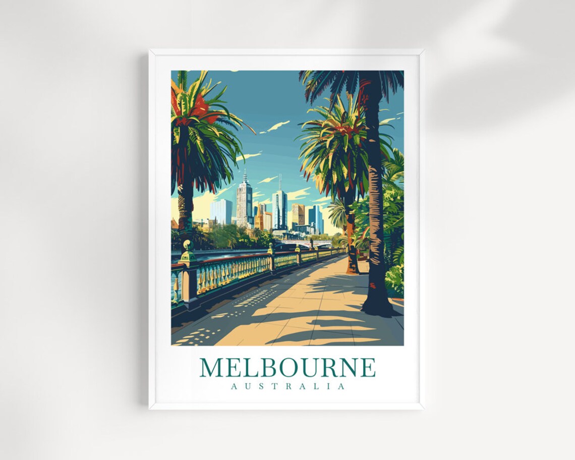 Melbourne Riverside Promenade Palm Trees Australia Travel Wall Art