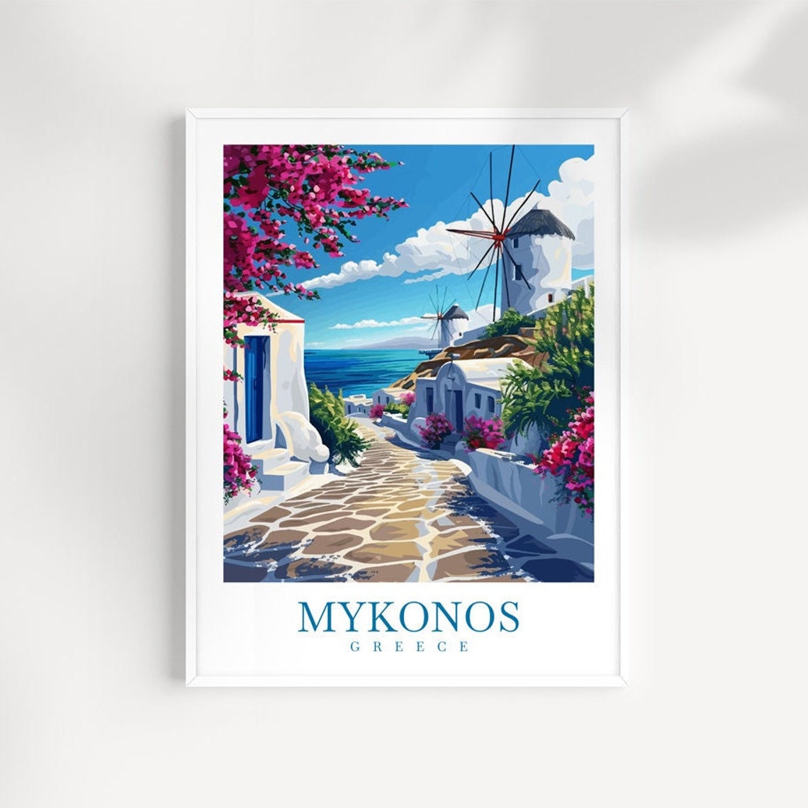 Mykonos Greece Windmills Whitewashed Alley Travel Poster Blue Art