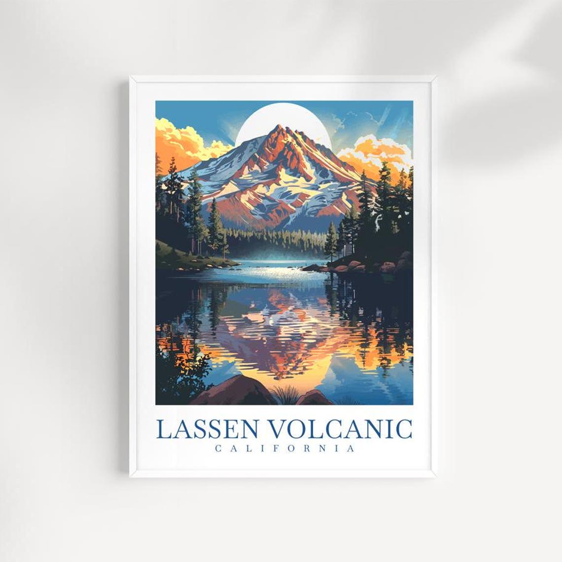 Lassen Volcanic California Sunset Moon Snow Peak Lake Poster