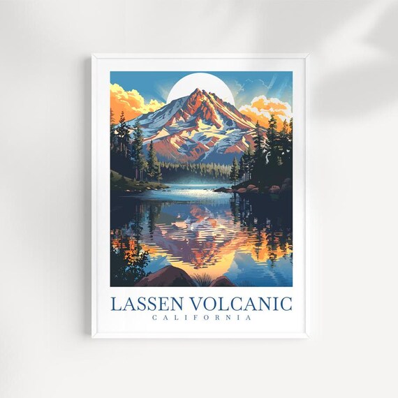 Lassen Volcanic California Sunset Moon Snow Peak Lake Poster