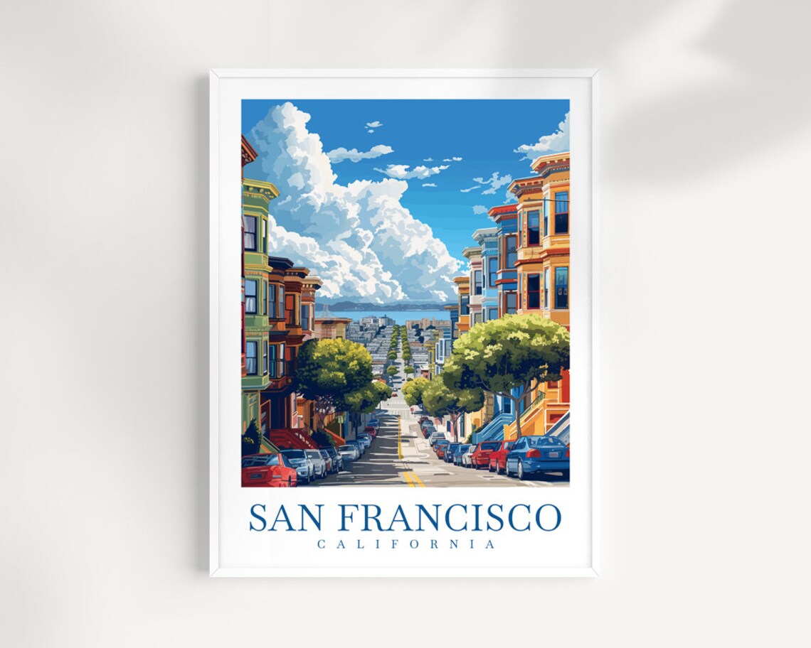 San Francisco California Victorian Houses Steep Street Travel Poster