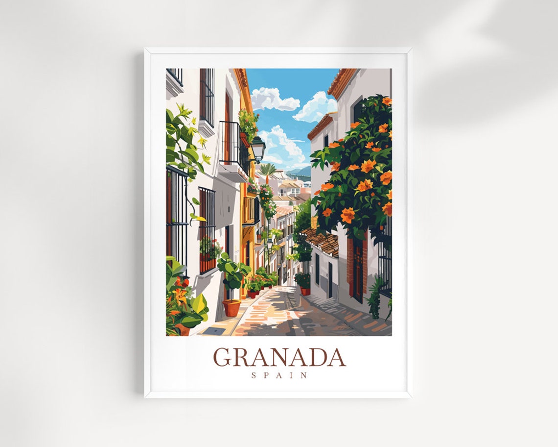 Granada Spain Whitewashed Alley Orange Trees Old Town Street Poster
