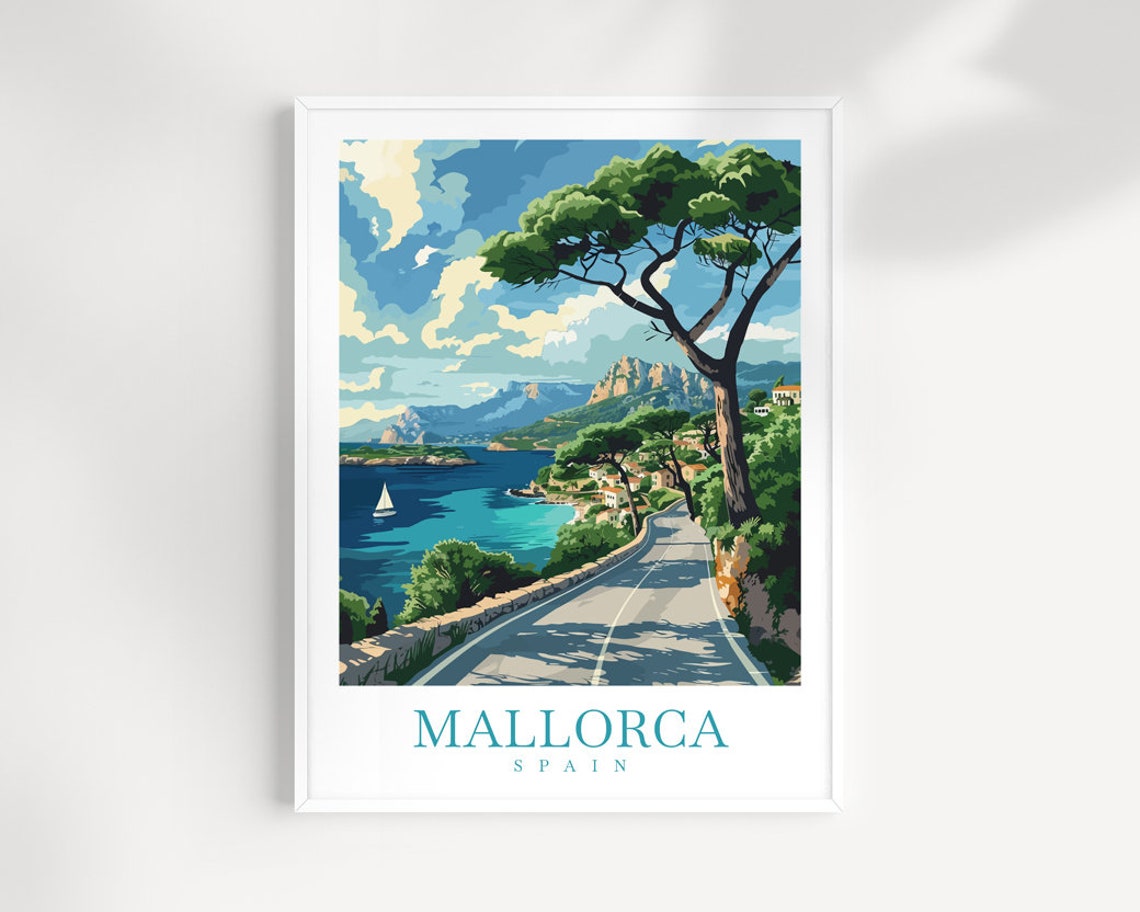 Mallorca Spain Coastal Road Pine Cliffs Sailboat View Poster