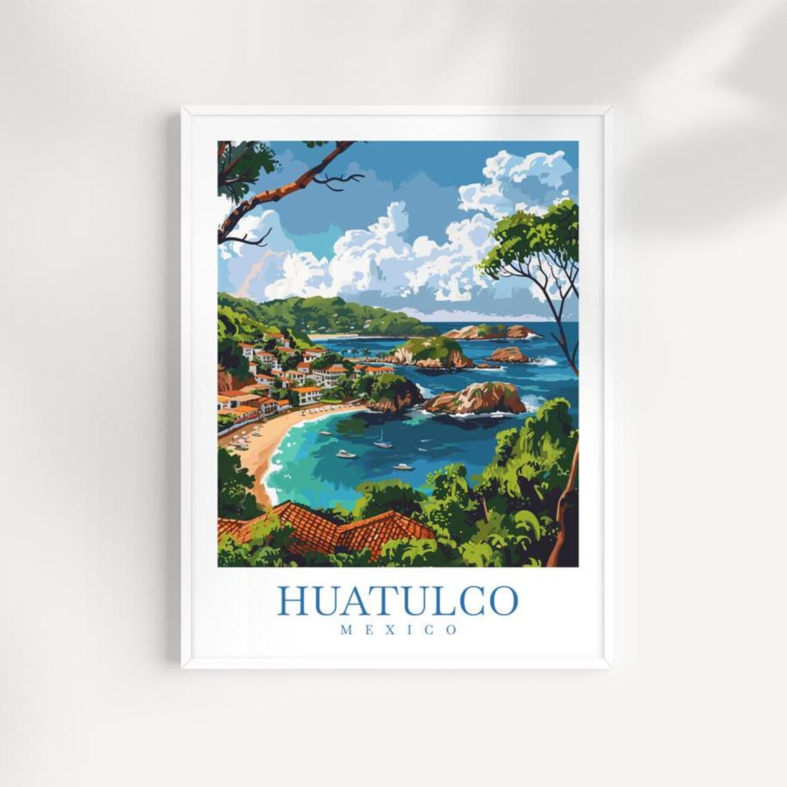 Huatulco Mexico Village Bay Boats Rocky Islets Hillside View Poster