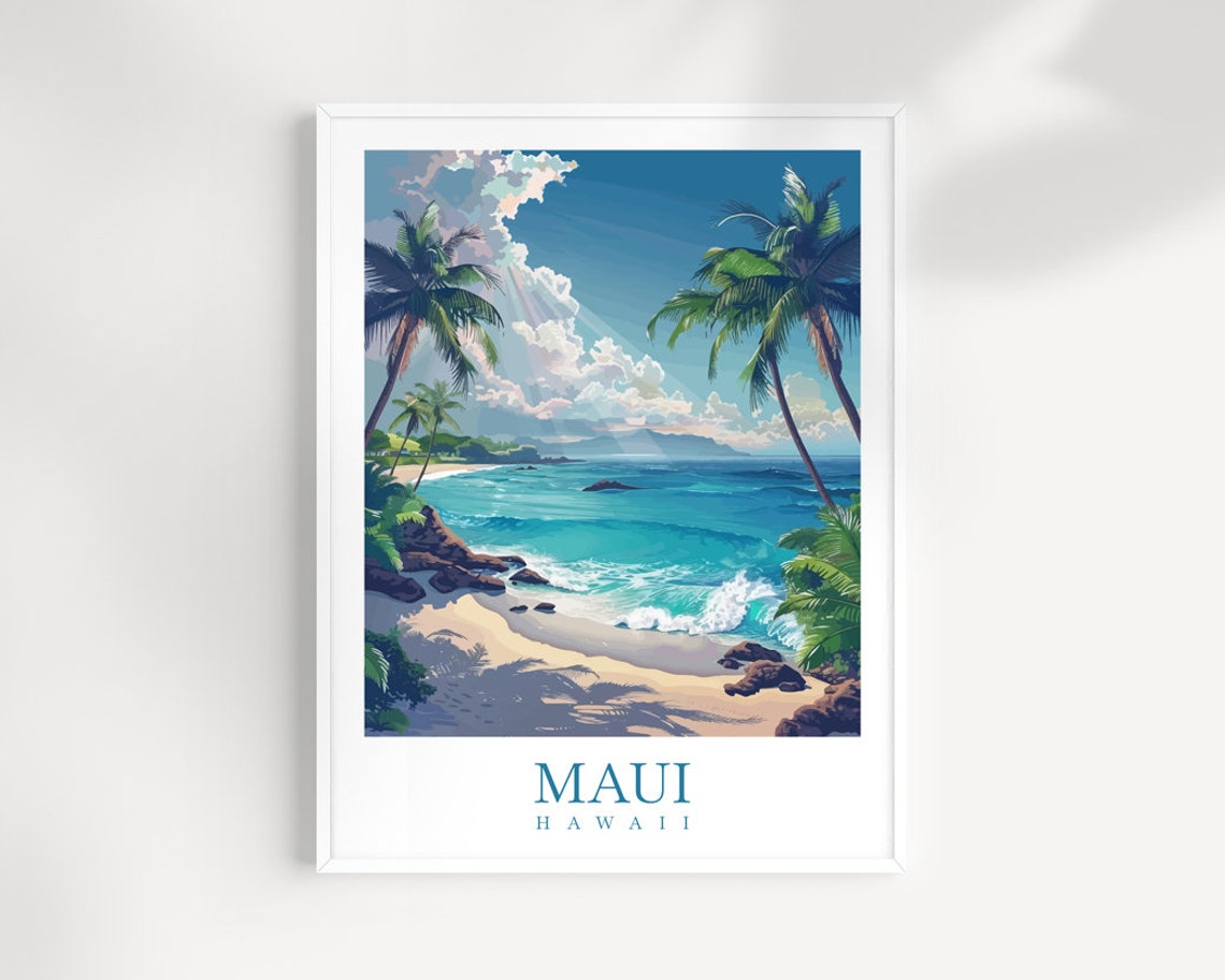 Maui Hawaii Palm Beach Turquoise Waves Island Cove Travel Poster