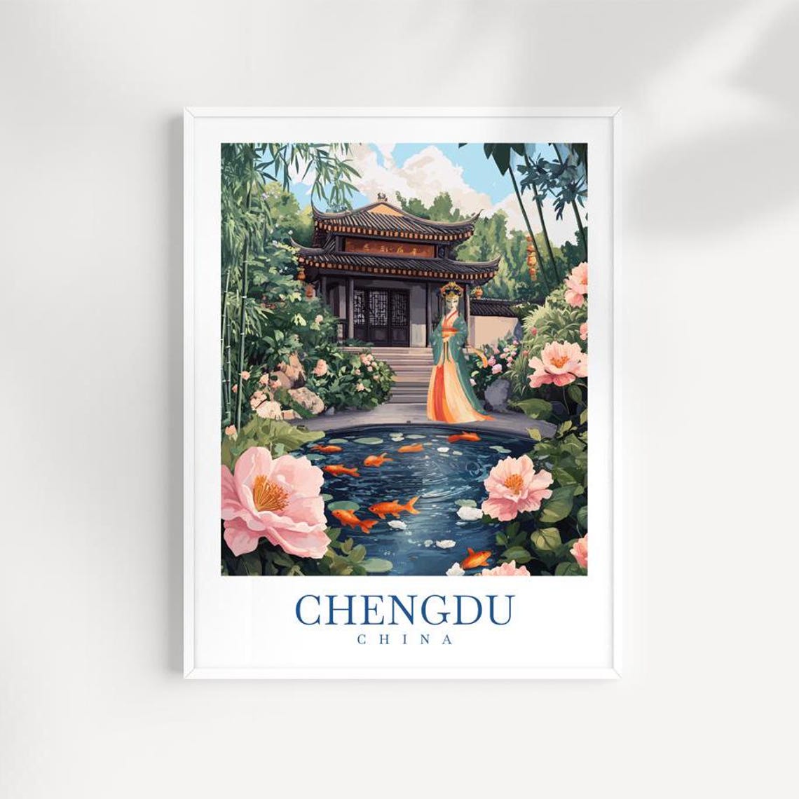 Chengdu China Koi Pond Garden Peonies Pavilion Travel Poster
