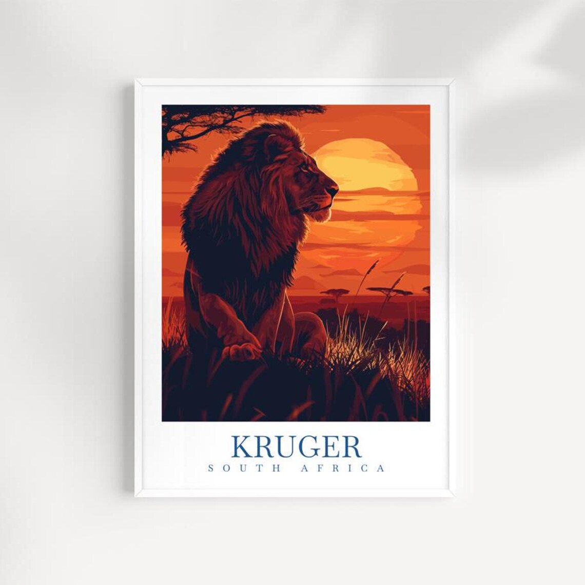 Kruger South Africa Lion Sunset Safari Illustrated Travel Poster