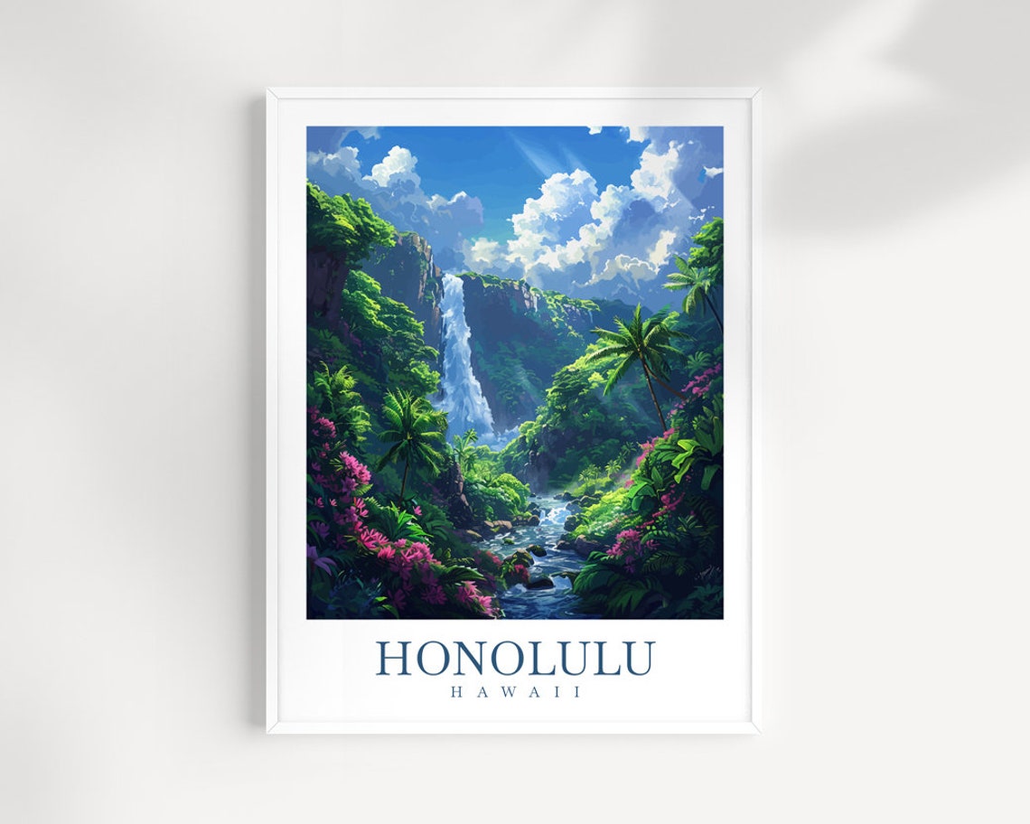 Honolulu Hawaii Tropical Waterfall Jungle Blossoms Travel Poster