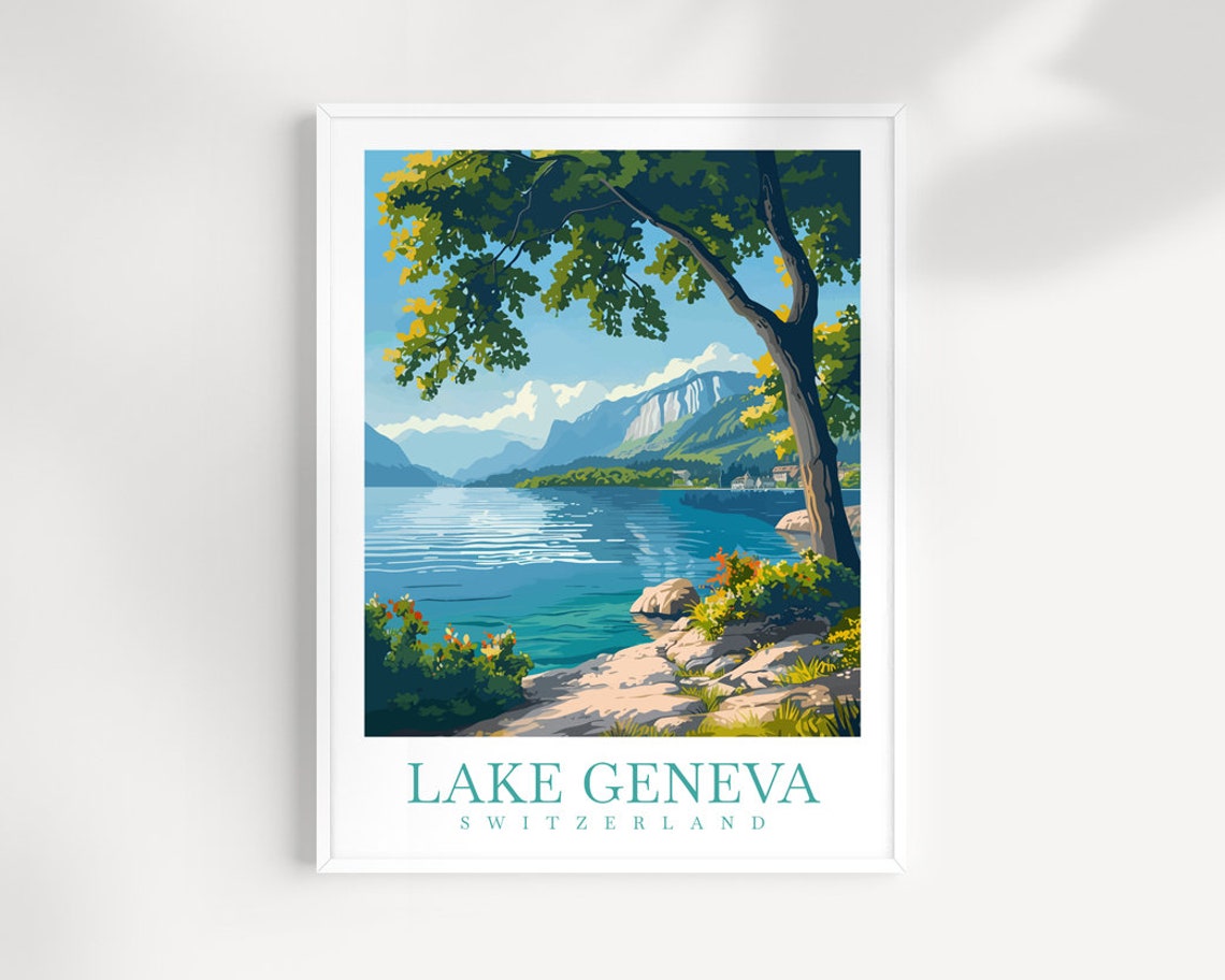 Lake Geneva Switzerland Turquoise Shoreline Alpine View Poster