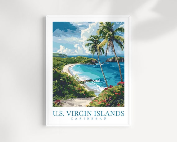 U.S. Virgin Islands Caribbean Poster Tropical Beach Palm Scene