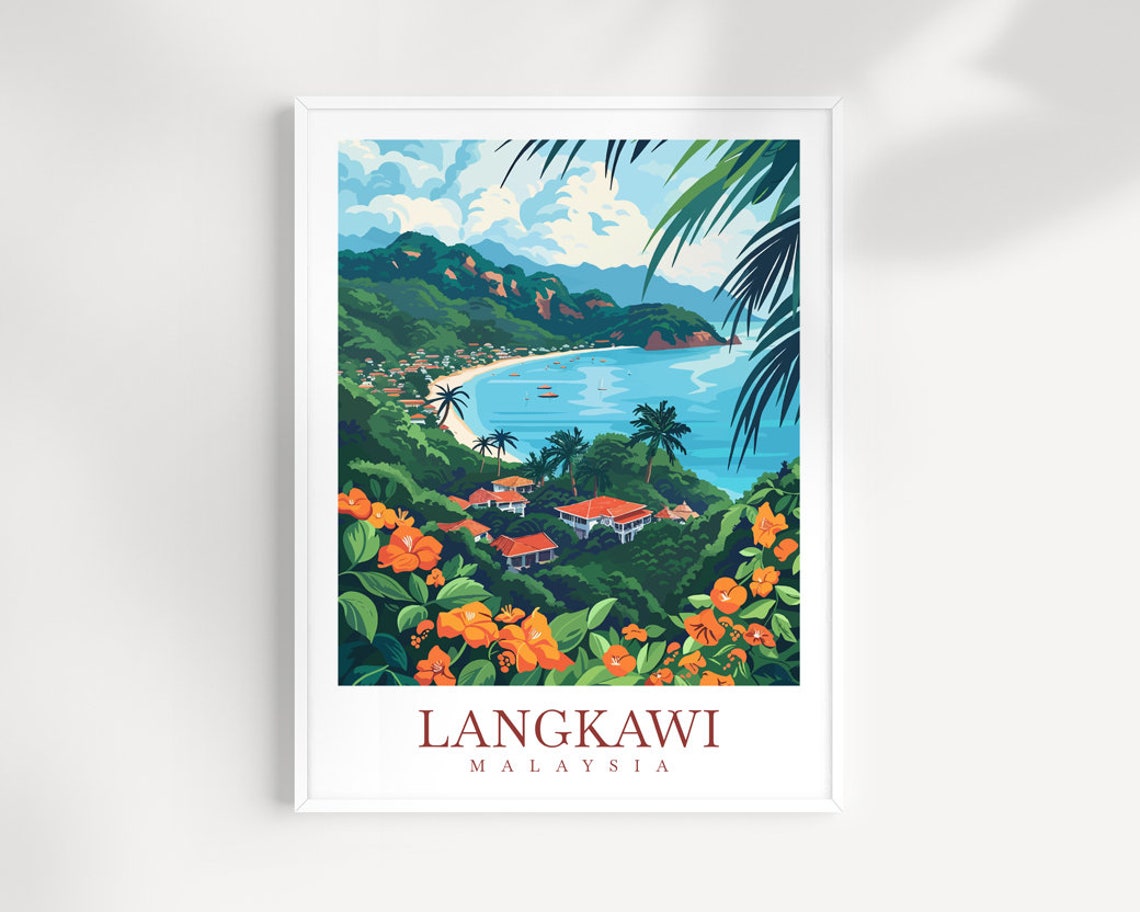 Langkawi Malaysia Flower Framed Coastal Bay Village Art Poster