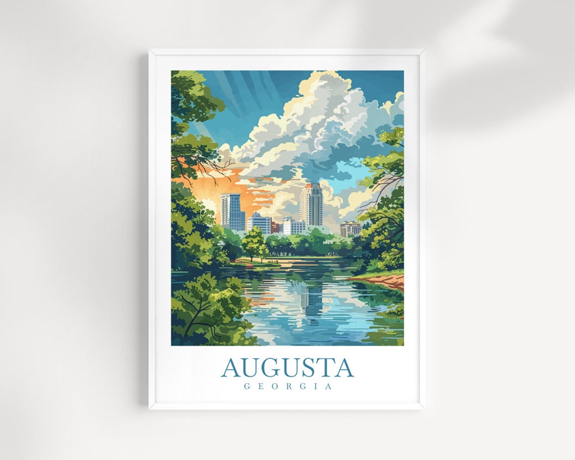 Augusta Georgia Skyline Sunset Lake Reflection Travel Poster