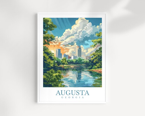 Augusta Georgia Skyline Sunset Lake Reflection Travel Poster