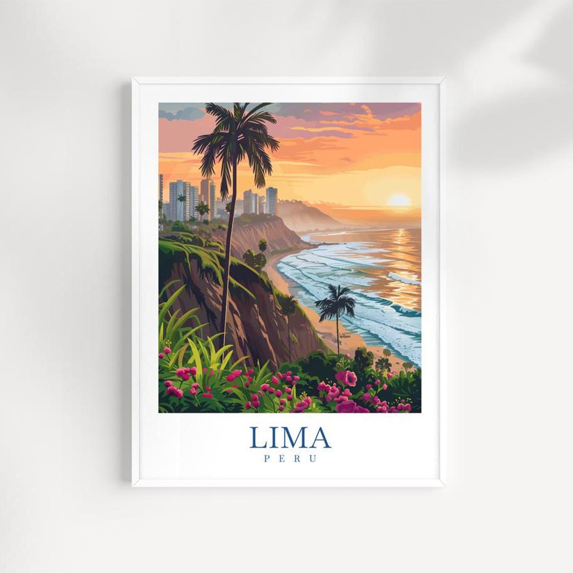 Lima Peru Sunset Beach Palm Cliffs Ocean Vintage Travel Poster