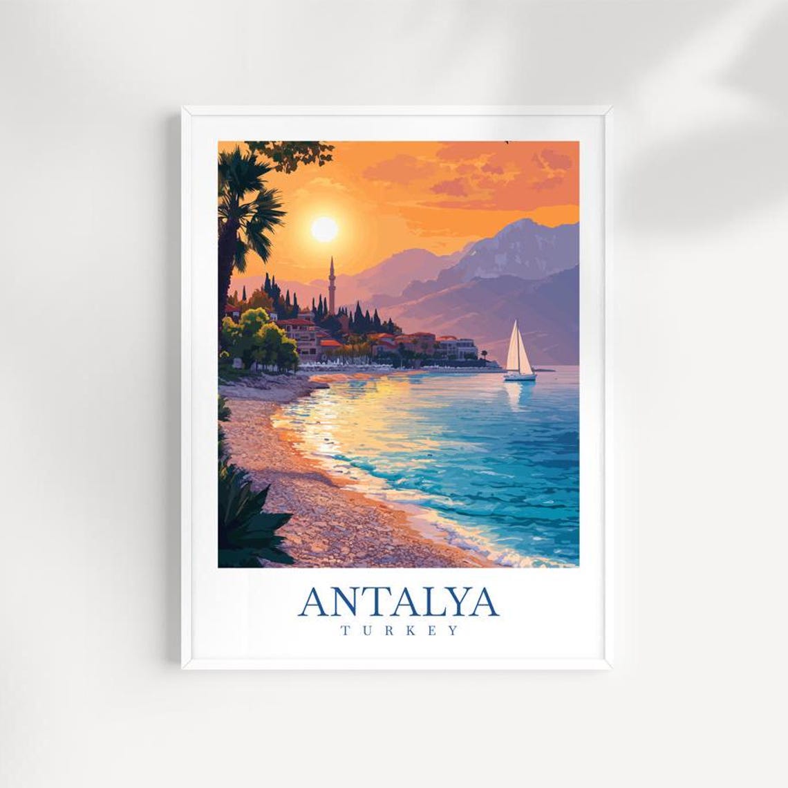 Antalya Turkey Sunset Bay Beach Sailboat Turquoise Travel Poster
