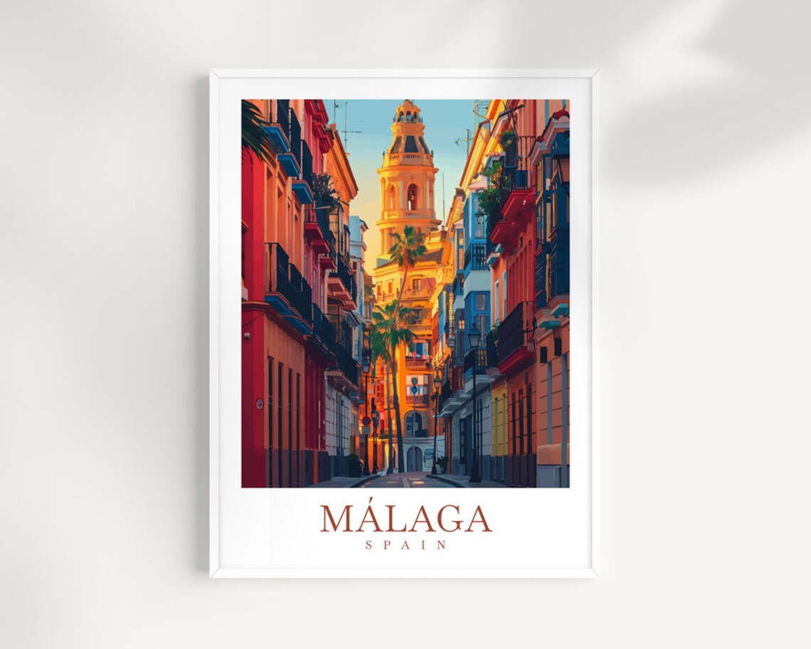 Malaga Spain Sunset Orange Street Bell Tower Glow Travel Poster
