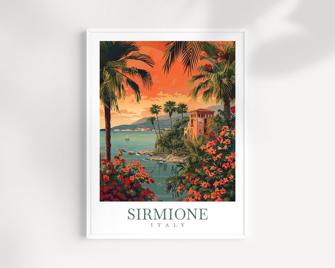 Sirmione Italy Lake Garda Sunset Palms and Castle View Art Print