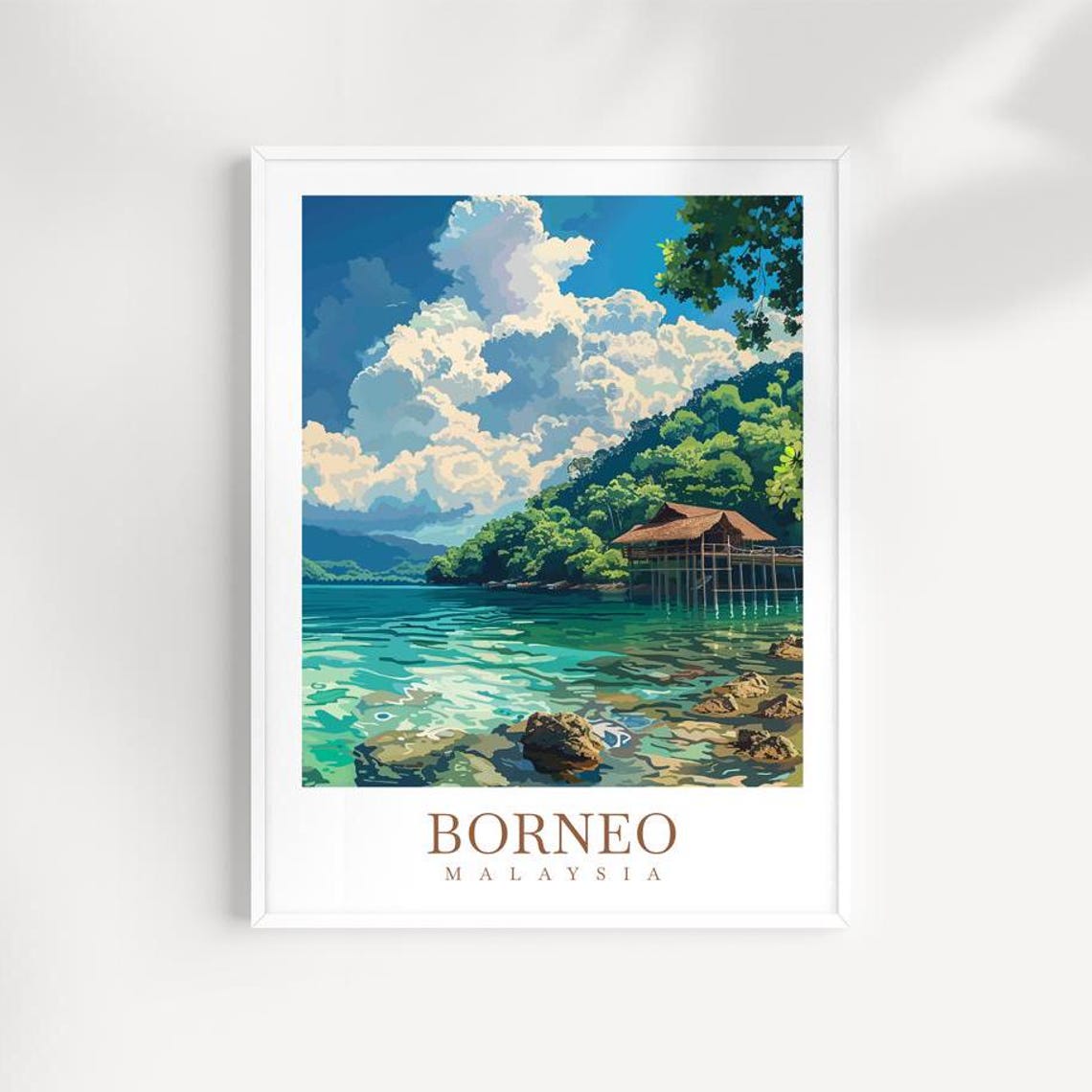Borneo Malaysia Tropical Water Bungalow Island Coast Travel Poster