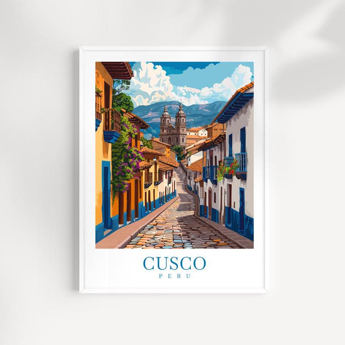 Cusco Peru Cobblestone Street With Balconies And Cathedral Poster