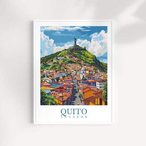 Quito Ecuador Colorful Colonial City Hilltop Statue Hillside View Poster
