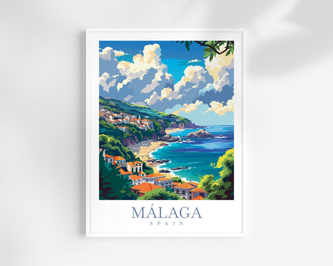 Malaga Spain Coastal Bay Town Hilltop View Vintage Travel Poster
