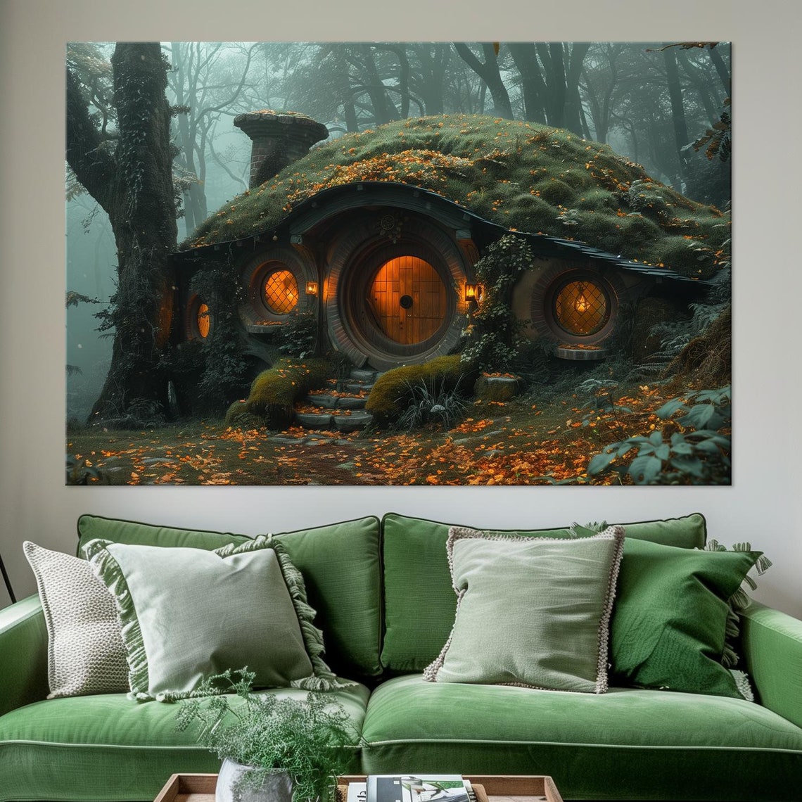 Mystical Forest Hobbit House Glowing Round Door Night Autumn Print