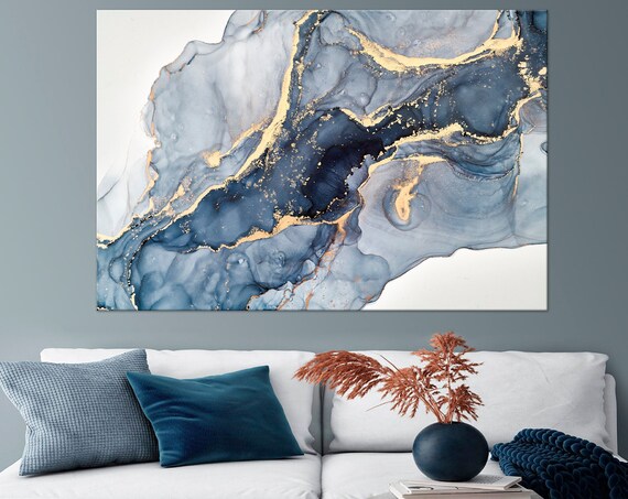 Abstract Modern Blue Gold Art Print for Living Room