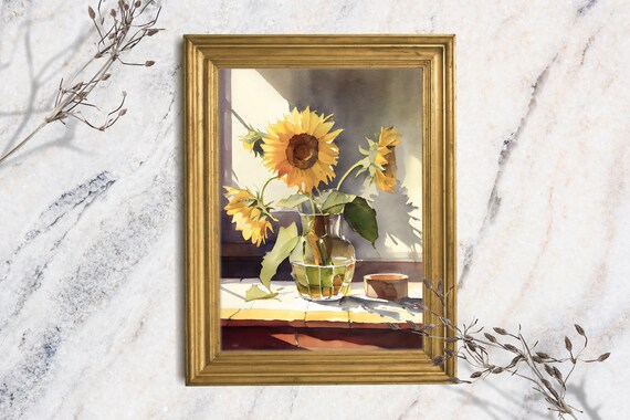 Sunflower Watercolor in Glass Jar Sunny Window Still Life Farmhouse Art Print