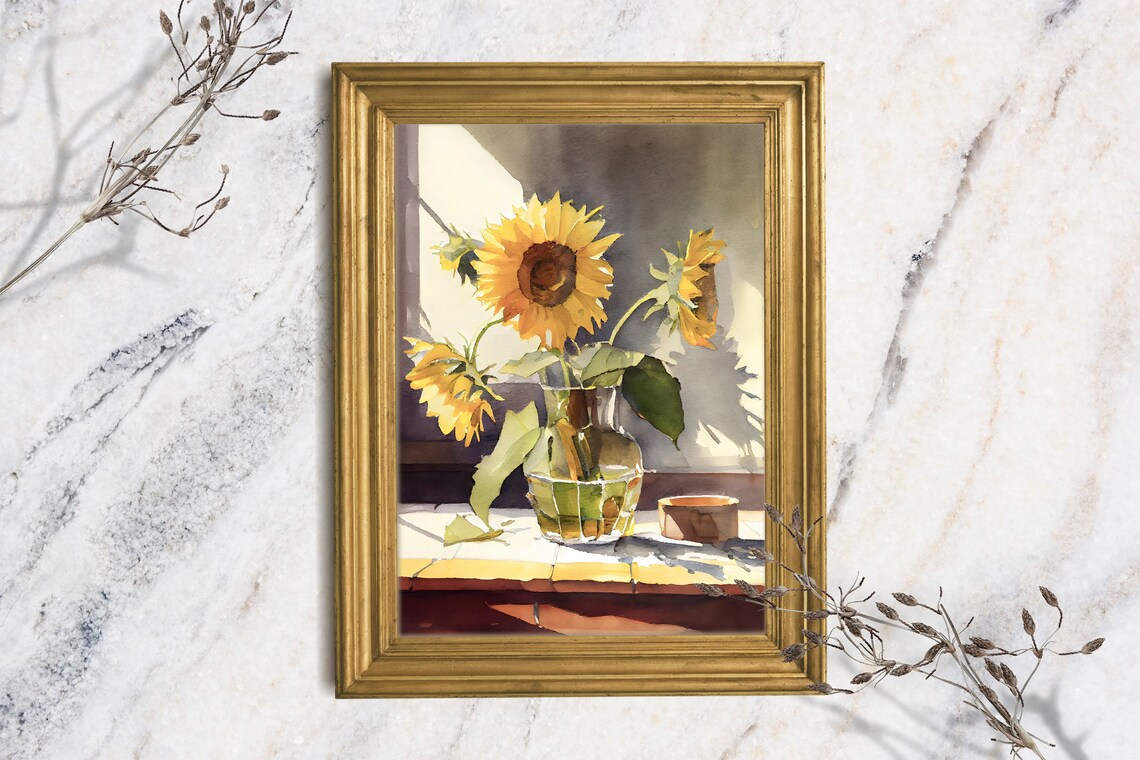 Sunflower Watercolor in Glass Jar Sunny Window Still Life Farmhouse Art Print