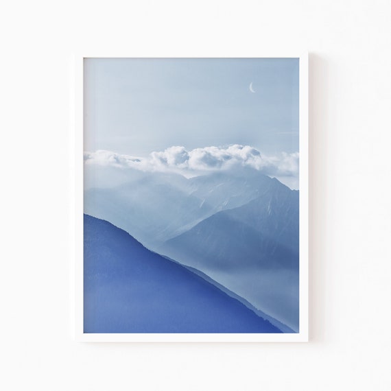 Wall Art Mountain Print Sky And Clouds Nature Landscape Trendy Blue Boho Wall Decor