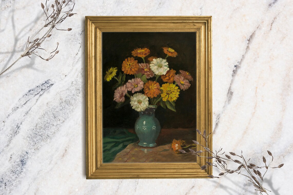 Moody Zinnia Bouquet Teal Vase Vintage Oil Painting Floral Art Print