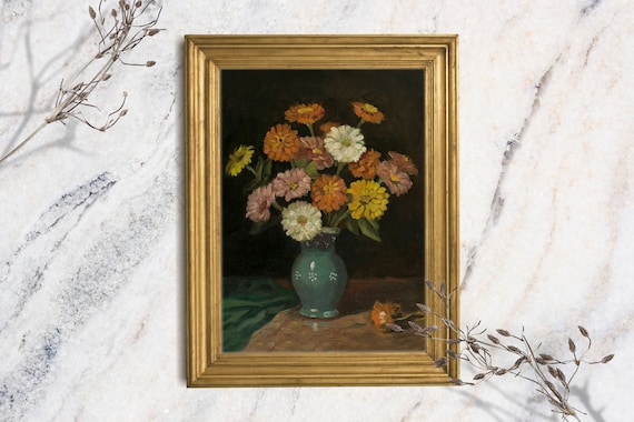Moody Zinnia Bouquet Teal Vase Vintage Oil Painting Floral Art Print