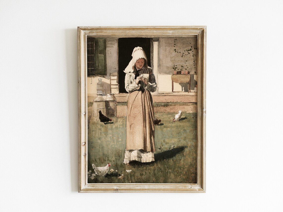 Vintage Farm Girl Feeding Chickens Country Farmyard Bonnet Painting Art Print