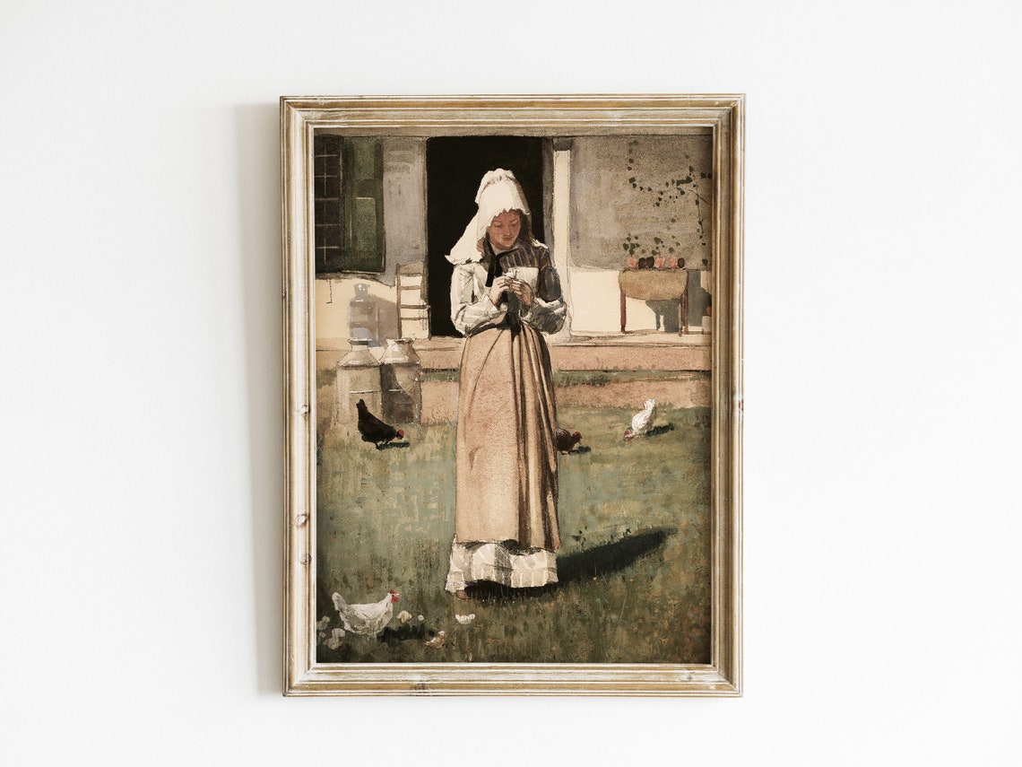 Vintage Farmhouse Wall Art Country Print Antique Farm Girl Portrait Painting Neutral Decor Art