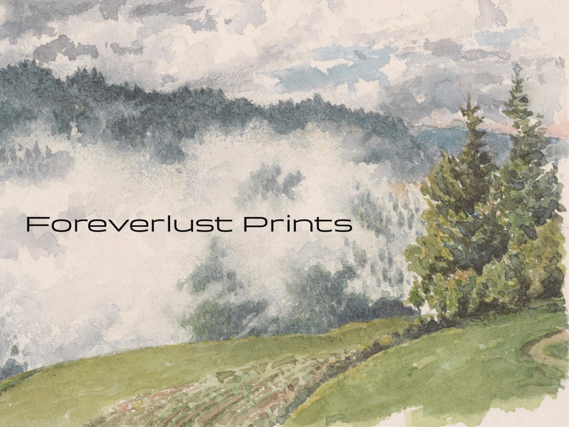 Misty Mountain Meadow Foggy Green Hills Watercolor Landscape Poster - Image 2