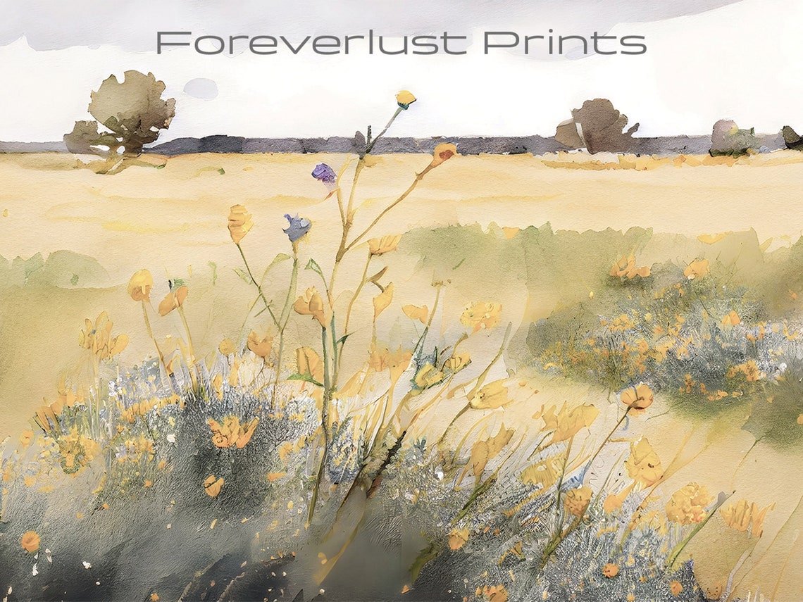 Golden Meadow Wildflowers Summer Field Watercolor Landscape Poster - Image 2