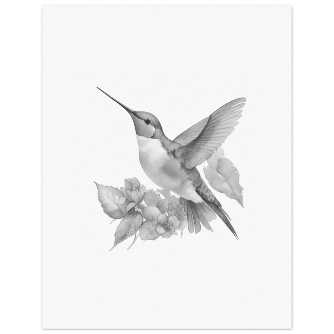 Gray Tonal Hummingbird Watercolor Floral Minimalist Bird Art Print - Image 3