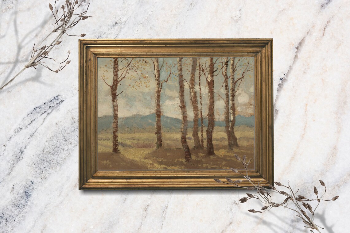 Autumn Birch Forest Vintage Oil Painting Golden Trees Landscape Print