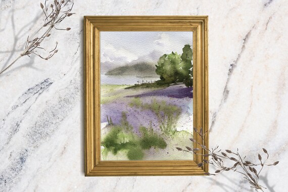 Lavender Field Watercolor Landscape Purple Blooms Misty Hills Art Print