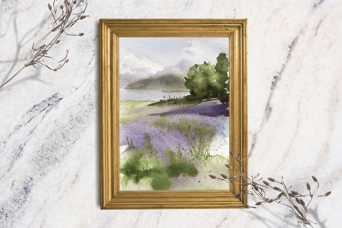 Lavender Field Watercolor Landscape Purple Blooms Misty Hills Art Print