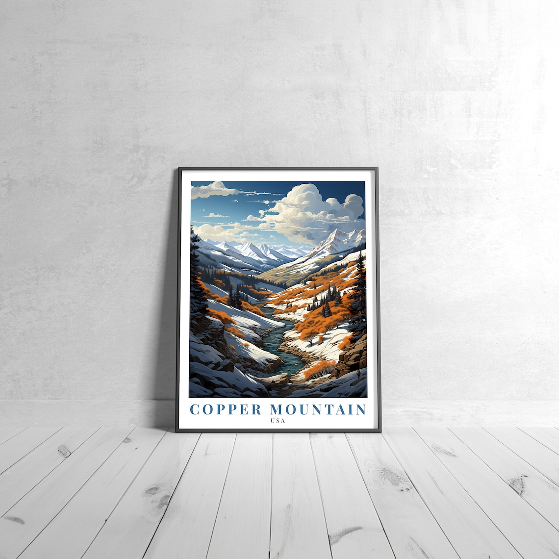 Copper Mountain USA Snowy Valley River Autumn Travel Art Poster