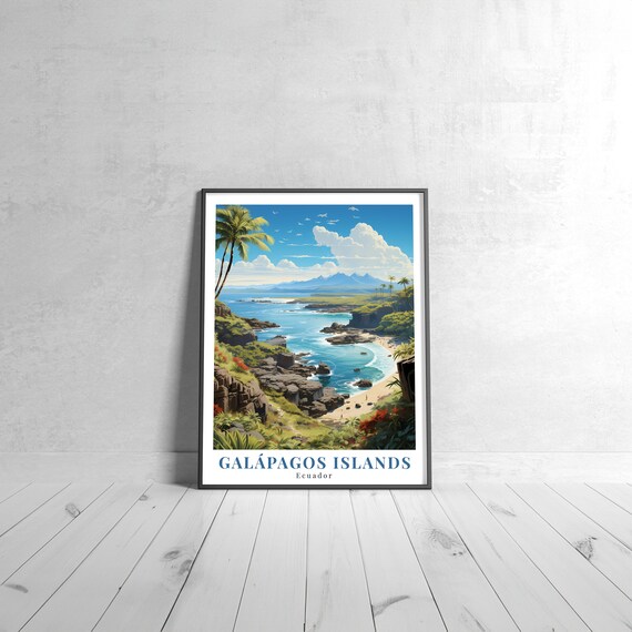 Galapagos Islands Ecuador Vintage Travel Poster Rocky Coast Palm Scene