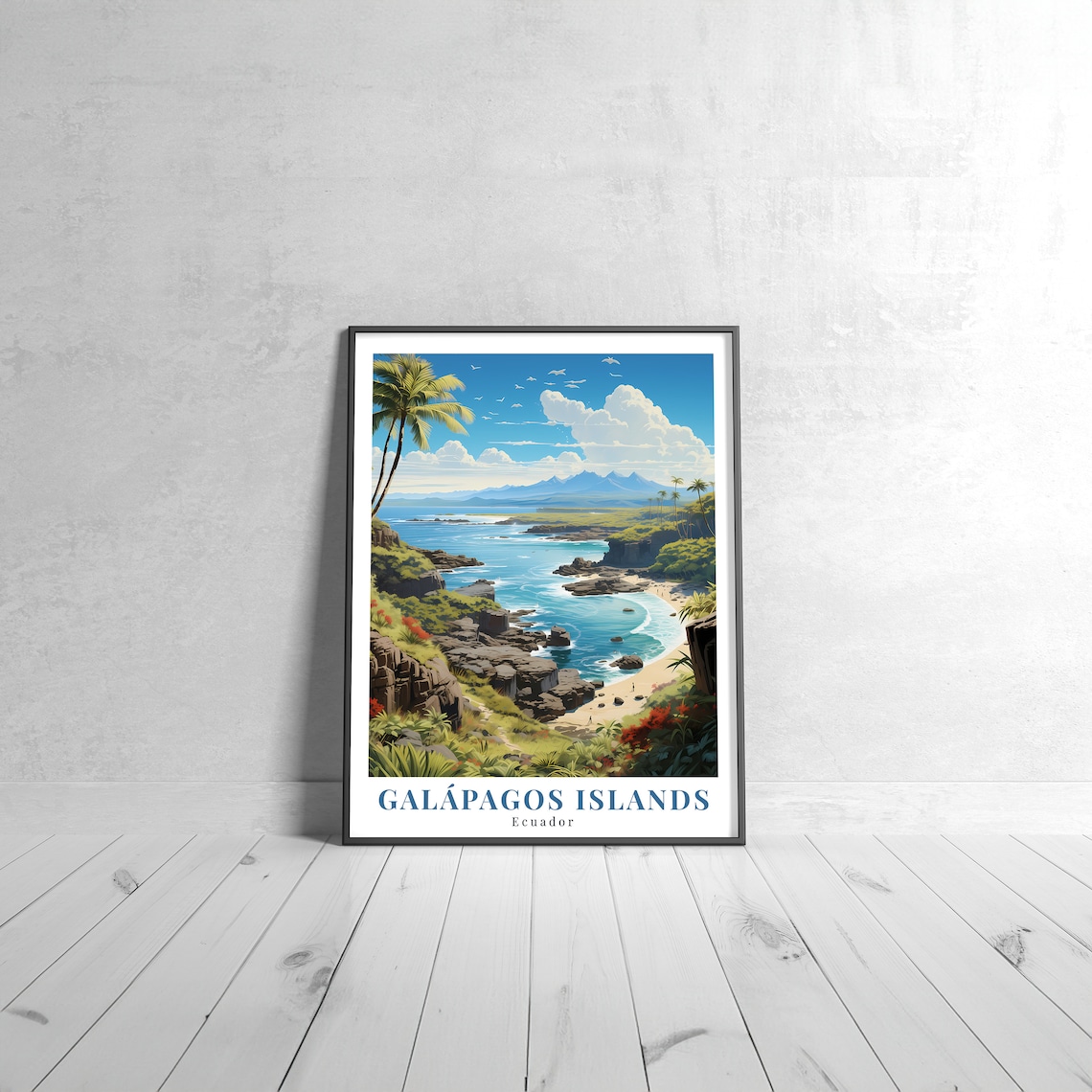 Galapagos Islands Ecuador Vintage Travel Poster Rocky Coast Palm Scene