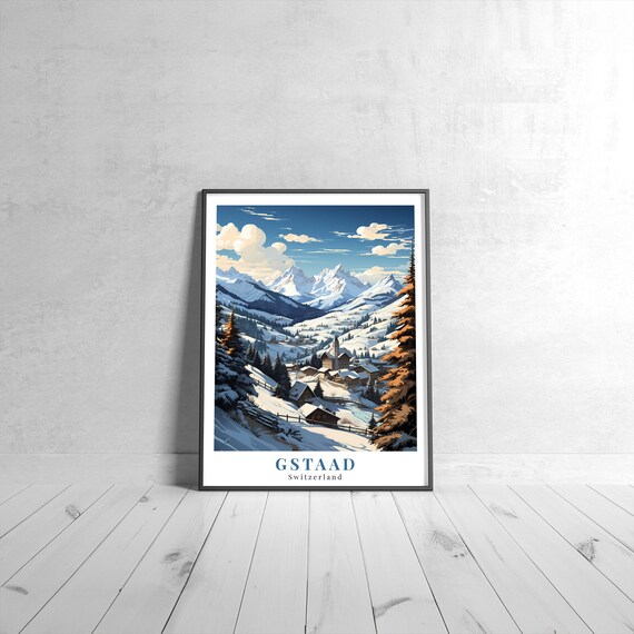 Gstaad Switzerland Snowy Alpine Village Vintage Ski Travel Poster