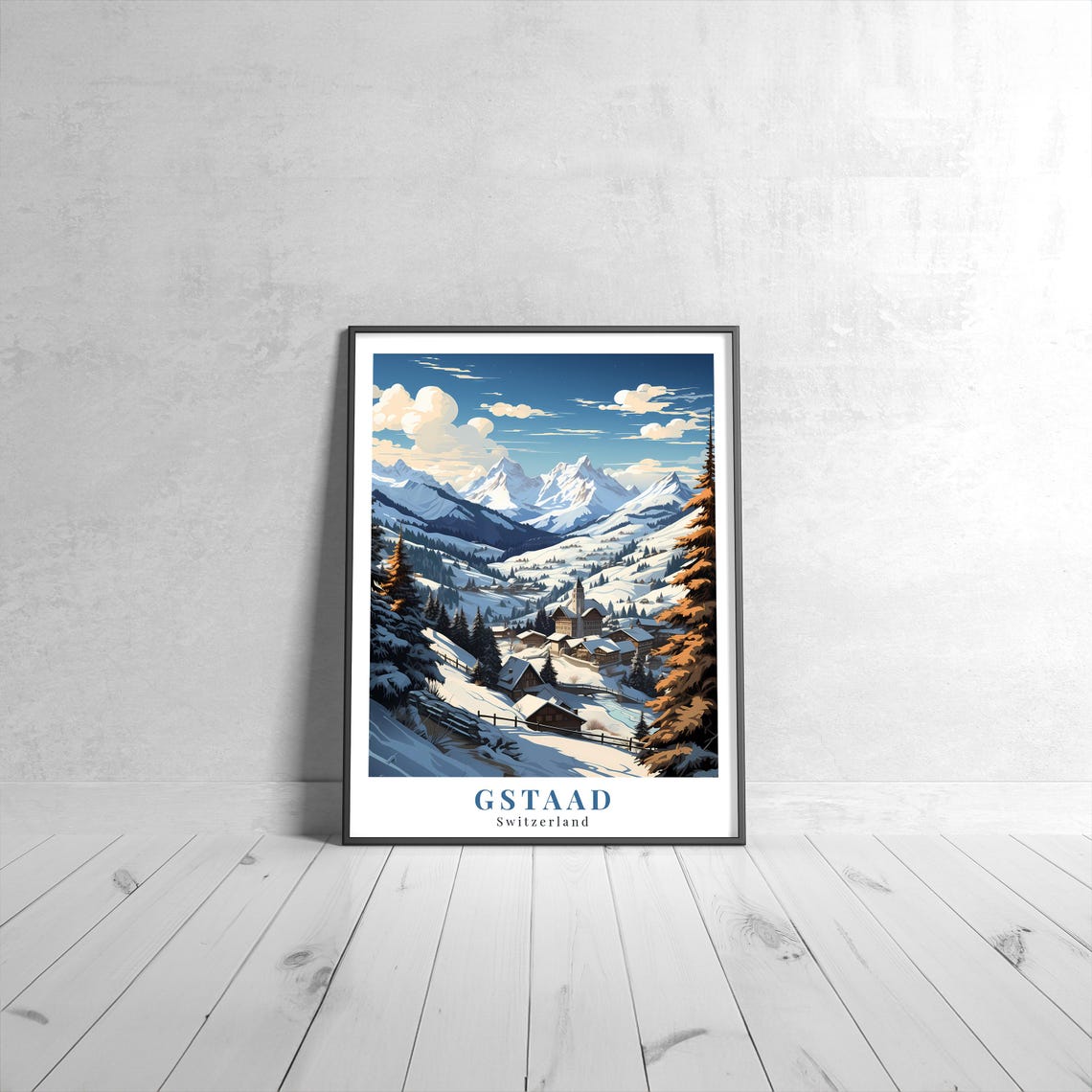 Gstaad Switzerland Snowy Alpine Village Vintage Ski Travel Poster