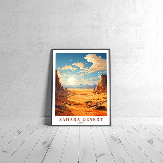 Sahara Desert Africa Vintage Travel Poster Rocky Canyon Sunset